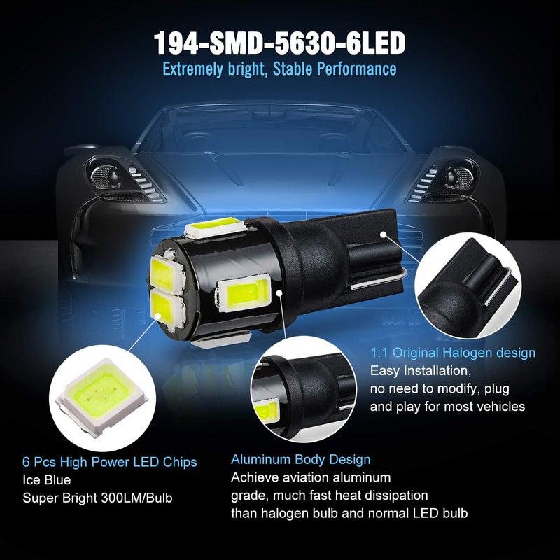 BRISHINE 194 LED Bulbs Extremely Bright Ice Blue 5630 Chipsets 168 2825 175 T10 W5W LED Replacement Bulbs for Car Interior Dome Map Door Courtesy Trunk License Plate Lights(Pack of 10) - Image 4